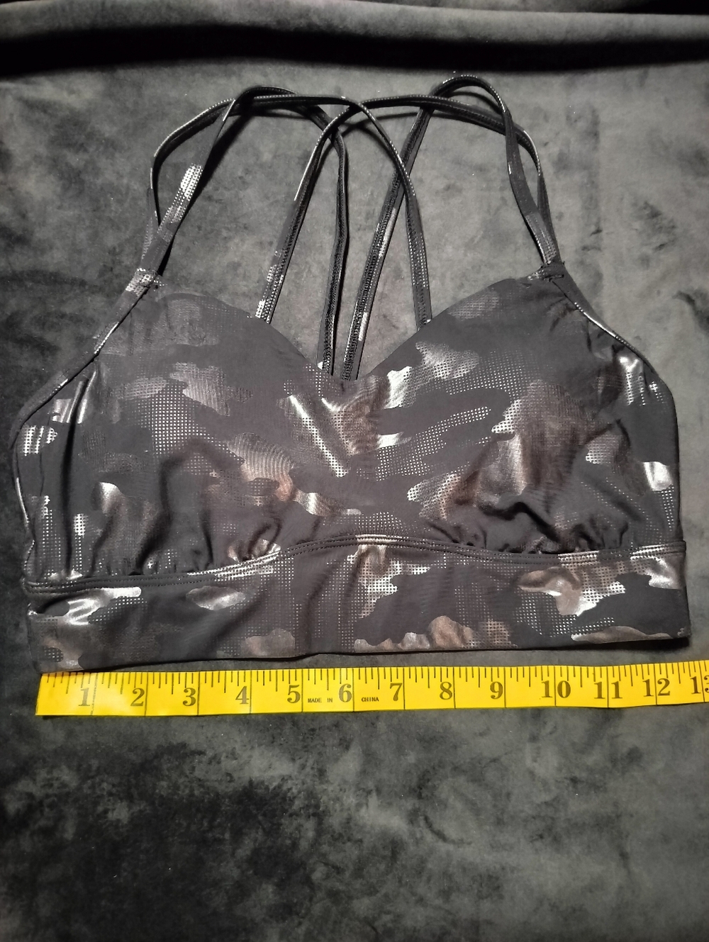 All In Motion Black Strappy Camo Shiny/Leather Look Sports Bra - Medium/Small